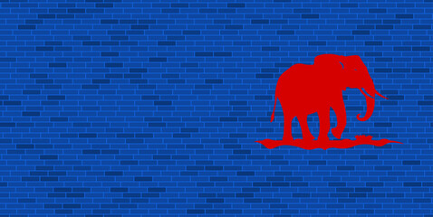 Wall Mural - Blue Brick Wall with large red wild elephant symbol. The symbol is located on the right, on the left there is empty space for your content. Vector illustration on blue background