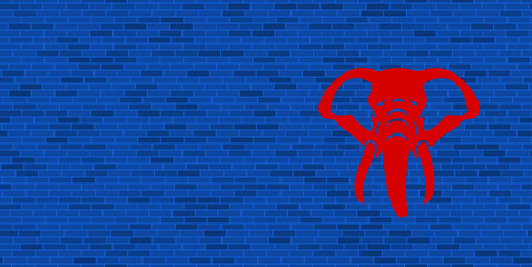 Wall Mural - Blue Brick Wall with large red elephant head. The symbol is located on the right, on the left there is empty space for your content. Vector illustration on blue background