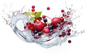 Wall Mural - Water swirl wave splash with falling mix berries and fresh fruits isolated on white background, Tropical juice or cocktail drinks, summer beverage concept.