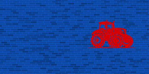 Wall Mural - Blue Brick Wall with large red tractor symbol. The symbol is located on the right, on the left there is empty space for your content. Vector illustration on blue background