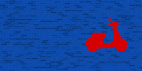 Wall Mural - Blue Brick Wall with large red scooter symbol. The symbol is located on the right, on the left there is empty space for your content. Vector illustration on blue background