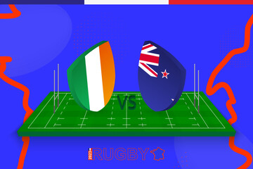 Wall Mural - Rugby team Ireland vs New Zealand on rugby field. Rugby stadium on abstract background for Quarter-final of international championship.