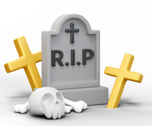 3D Gravestone With RIP Inscription. Grey Graveyard With Skull, Bone, Gold Christian Cross Isolated On Transparent. Holiday Halloween Elements. Cartoon Festival Icon. 3d Rendering Illustration.
