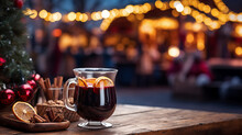 Traditional Mulled Wine In A Glass Mug On An Empty Tabletop At Christmas Street Fair With Bright Lights And Festive Atmosphere
