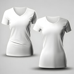 Minimalist white v-neck tee mock up template, front and back view, isolated on white. Clean and simple t-shirt design presentation for print.

