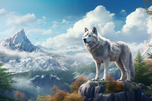 White Wolf Standing On The Rock With Mountains In The Background.