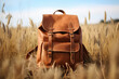 Brown Leather Backpack On A Grassfield