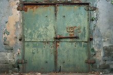 Old Shabby Metal Door With Rusty Hinge Near Green Wall