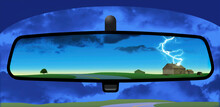 Climate Change And Chaning Weather Results In Storms, Rain And Lightning As Seen In The Rearview Mirror Of A Car In A Rural Setting In A 3-d Illustration.