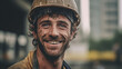 a construction worker taking a break on a construction site, their face dusted with a mix of sweat and dirt, but their grin radiates pride in their work 