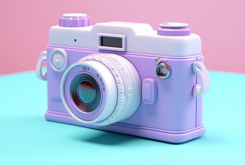 Retro camera in blue and purple neon colours on bright background