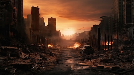 Wall Mural - Empty street of burnt up city. Apocalyptic view of city downtown as disaster film poster concept. City destroyed by war