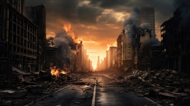 Empty street of burnt up city. Apocalyptic view of city downtown as disaster film poster concept. City destroyed by war