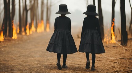 Wall Mural - Halloween illustration of two girls in black dresses and hats in a dark forest walking among the burning trees. Wallpaper, background.