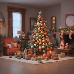 Canvas Print - Christmas tree with presents in living room at home. Christmas and New Year concept