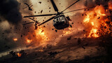 Fototapeta  - Military forces and helicopters between fire and bombs in battle field