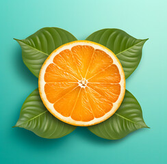 Wall Mural - Sun made of slice of orange and green leaves on bright blue background. Fruit summer minimal concept.