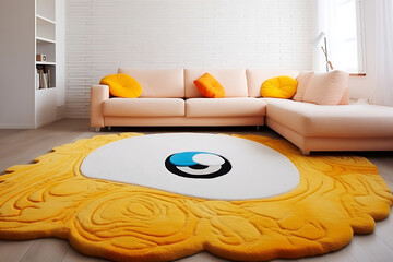 A large yellow rug of an unusual shape lies on the floor next to a light sofa in a room with white brick walls.