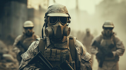 Wall Mural - Several modern soldiers fully equipped facing the camera in a dusty and smoggy environment