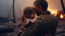 Soldier Holds A Child Refugee Little Girl Sad From Being Forced To Flee Her Home. Child In The War Conflict On The Ruins, The Concept Of Peace And War, Sad Child. Humanitarian Disaster