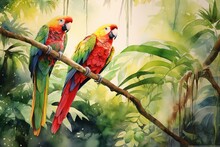 Watercolor Painting Style Illustration Of Two Parrot Birds In Jungle Nature Background, Generative Ai