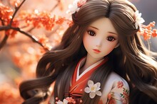Pretty Girl Doll Wearing Kimono In Cherry Blossom Garden, Generative Ai