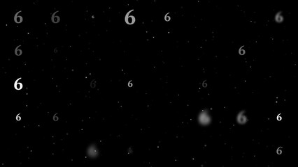 Poster - Template animation of evenly spaced number six symbols of different sizes and opacity. Animation of transparency and size. Seamless looped 4k animation on black background with stars