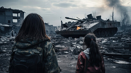 Two homeless little girl walking in destroyed city, soldiers and helicopters and tanks are still attacking the city