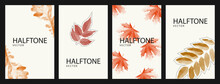 Autumn Leaves Halftone Collage Posters Set. Modern Retro Thanksgiving Day Vertical Banner Templates With Cutout Magazine Shapes, Ideal For Seasonal Sale, Card. Vector Illustration