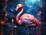 Fototapeta Panele - Dreamy flamingo in glowing blue and orange spark artwork generatieve ai