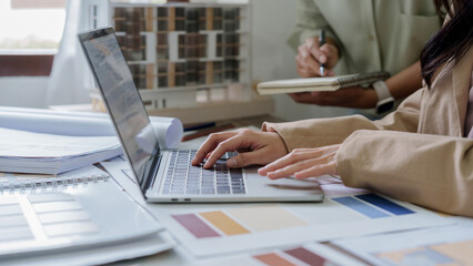 Fototapete - Architects designer team working with color palette chart..