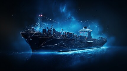 Polygonal 3d cargo ship in dark blue background. Online cargo delivery service, logistics or tracking app concept. Abstract vector illustration of online freight delivery service.