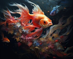 Wall Mural - Fish in freshwater aquarium with beautiful planted tropical. Colorful back