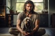 a man with dog sits down and makes eye contact with the camera while meditating in his home