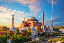 Hagia Sophia Mosque Of Istanbul, Colorful Sunset View, Turkey