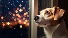 Dog Carefully Watching Fireworks From A Window. Generated With Ai.