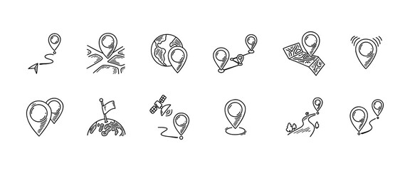 Location pin icon doodle set. Hand drawn sketch vector illustration. Geolocation map mark. Freehand navigation related vector line icons.