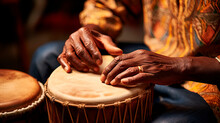 Close Up  Of Hands Drumming, Vintage Handmade Haitian Wood Drum