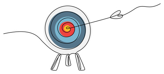 Poster - colorful target with arrow continuous line drawing. hand drawn linear goal symbol. vector illustrati