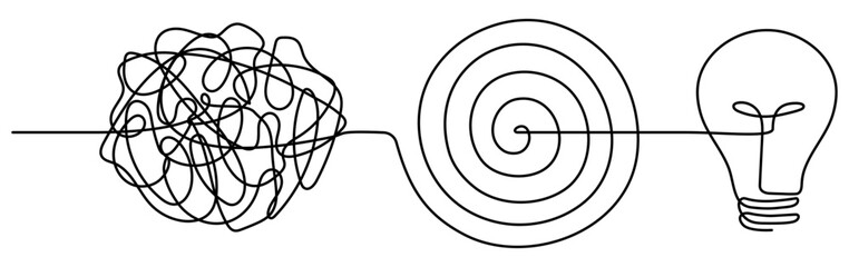 Poster - Chaotic and mess lines with lightbulb continuous one line drawn. Problem solving symbol concept. Vector illustration isolated on white.