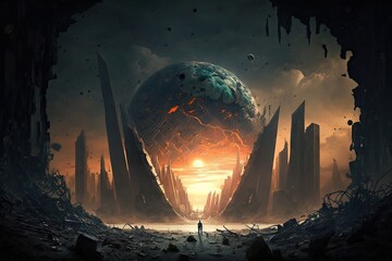 Poster - Fantasy scene with planet and man on the background of the destroyed city