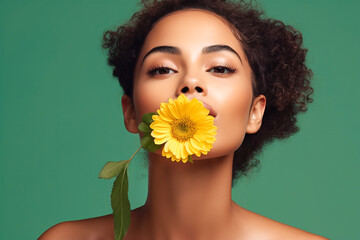 Wall Mural - Beautiful poc young woman with curly black hair holding yellow flower in her mouth. Green background. Natural cosmetics fashion concept. Banner with copy space
