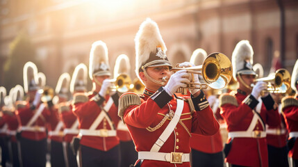 A military musical band marches at a festive military parade on the street on a sunny day. Celebrating Remembrance, Independence Day