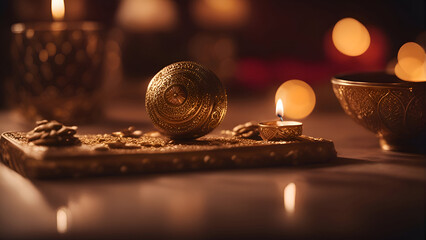 Canvas Print - Close up of burning diya or lamp in the dark with bokeh background