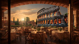 Сafe overlooking evening Colosseum in historic center of Rome. Fall travel. Banner.