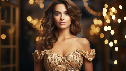 Wall Mural - Sexy Girl in Golden Party Dress. Fashion Woman with Glamour Makeup