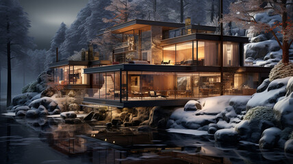 Poster - modern villa by the lake in winter