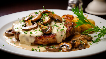 Wall Mural - delicious chicken steak with mushrooms, herbs and sauce