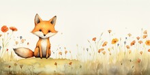 Watercolor Style Cartoon Illustration Of Red Fox Sitting In Autumn Grass Field , Isolated On White Background, Generative Ai