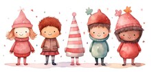 Watercolor Style Cartoon Illustration Of Cute Kid Wearing Winter Coat, Scarf, And Wool Cap, Isolated On White Background, Collection Set, Generative Ai